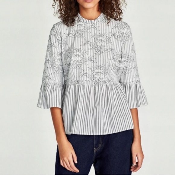 Zara Woman Striped Lace Floral Sheer Layer Size medium blouse top black white - Picture 1 of 8
